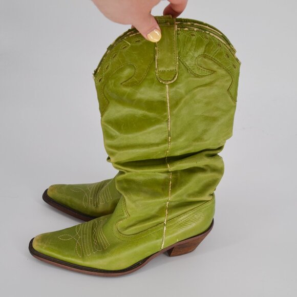 Vintage Slouchy Cowboy Boots Mid Calf Western Leather Cowgirl Green Womens 7.5 8 - Picture 4 of 8